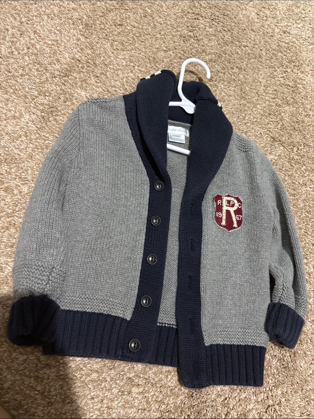 Ralph Lauren Gray and Navy Shawl Collar Kids Cardigan with Crest
